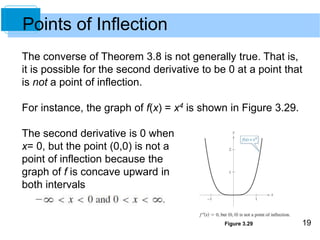 19 
Points of Inflection 
The converse of Theorem 3.8 is not generally true. That is, 
it is possible for the second derivative to be 0 at a point that 
is not a point of inflection. 
For instance, the graph of f(x) = x4 is shown in Figure 3.29. 
The second derivative is 0 when 
x= 0, but the point (0,0) is not a 
point of inflection because the 
graph of f is concave upward in 
both intervals 
Figure 3.29 
 