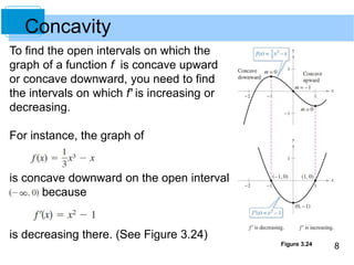 Figure 3.24 8 
Concavity 
To find the open intervals on which the 
graph of a function f is concave upward 
or concave downward, you need to find 
the intervals on which f' is increasing or 
decreasing. 
For instance, the graph of 
is concave downward on the open interval 
because 
is decreasing there. (See Figure 3.24) 
 