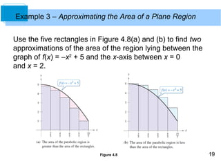 19 
Example 3 – Approximating the Area of a Plane Region 
Use the five rectangles in Figure 4.8(a) and (b) to find two 
approximations of the area of the region lying between the 
graph of f(x) = –x2 + 5 and the x-axis between x = 0 
and x = 2. 
Figure 4.8 
 