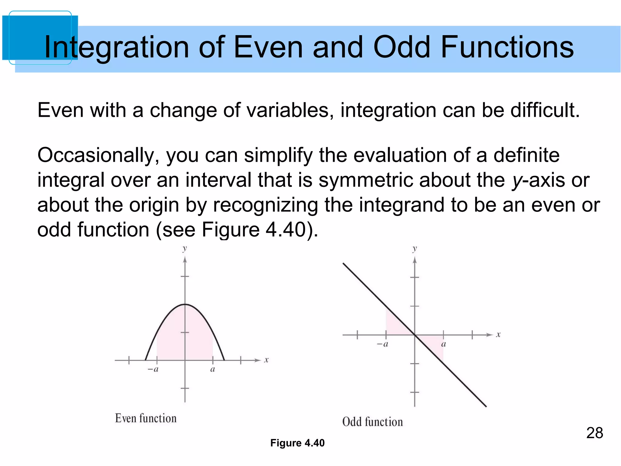 Integration of Even and Odd Functions 
Even with a change of variables, integration can be difficult. 
Occasionally, you can simplify the evaluation of a definite 
integral over an interval that is symmetric about the y-axis or 
about the origin by recognizing the integrand to be an even or 
odd function (see Figure 4.40). 
28 
Figure 4.40 
 