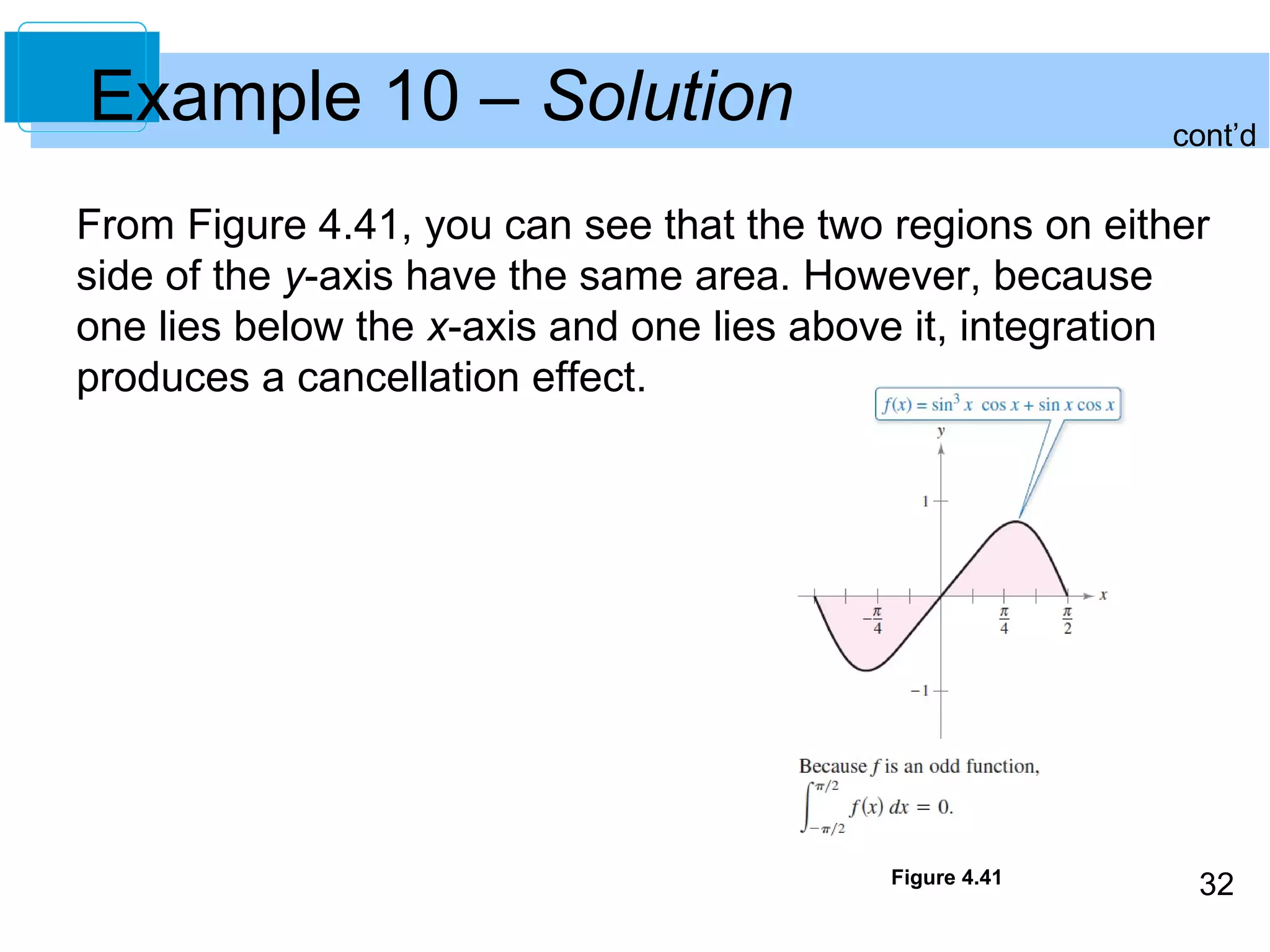 Example 10 – Solution 
From Figure 4.41, you can see that the two regions on either 
side of the y-axis have the same area. However, because 
one lies below the x-axis and one lies above it, integration 
produces a cancellation effect. 
32 
Figure 4.41 
cont’d 

