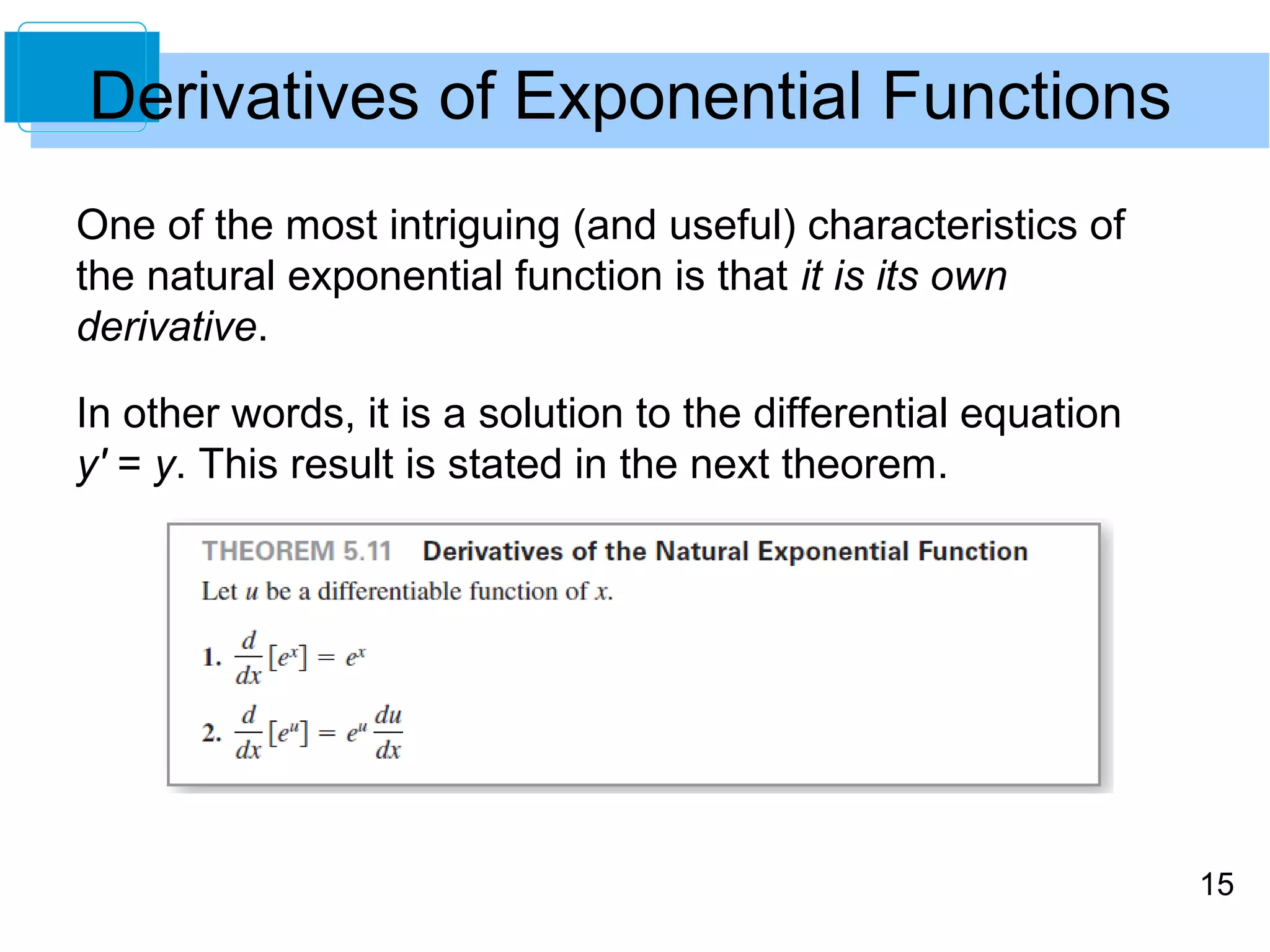 15 
Derivatives of Exponential Functions 
One of the most intriguing (and useful) characteristics of 
the natural exponential function is that it is its own 
derivative. 
In other words, it is a solution to the differential equation 
y' = y. This result is stated in the next theorem. 
 