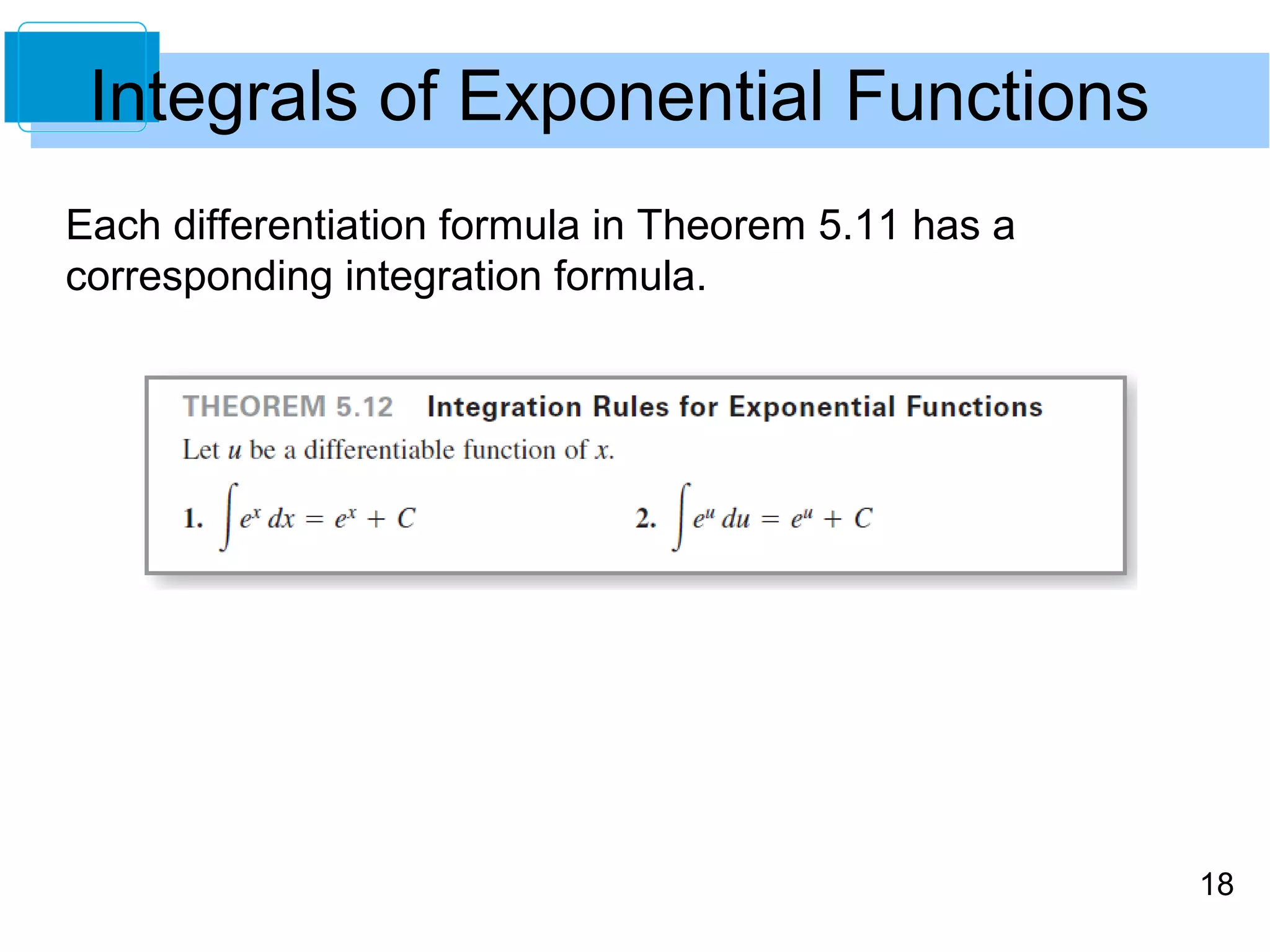 18 
Integrals of Exponential Functions 
Each differentiation formula in Theorem 5.11 has a 
corresponding integration formula. 
 