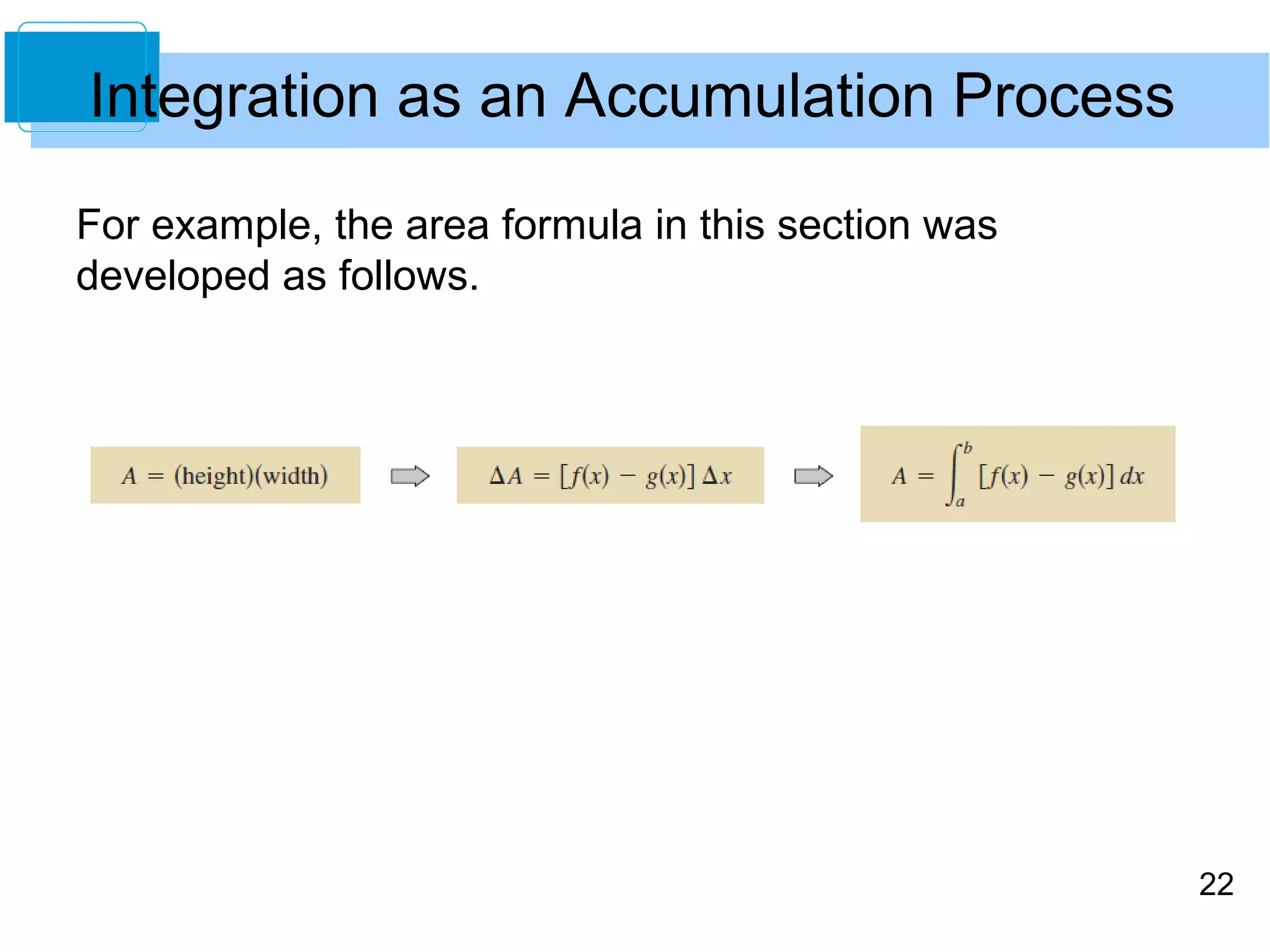 22 
Integration as an Accumulation Process 
For example, the area formula in this section was 
developed as follows. 
 