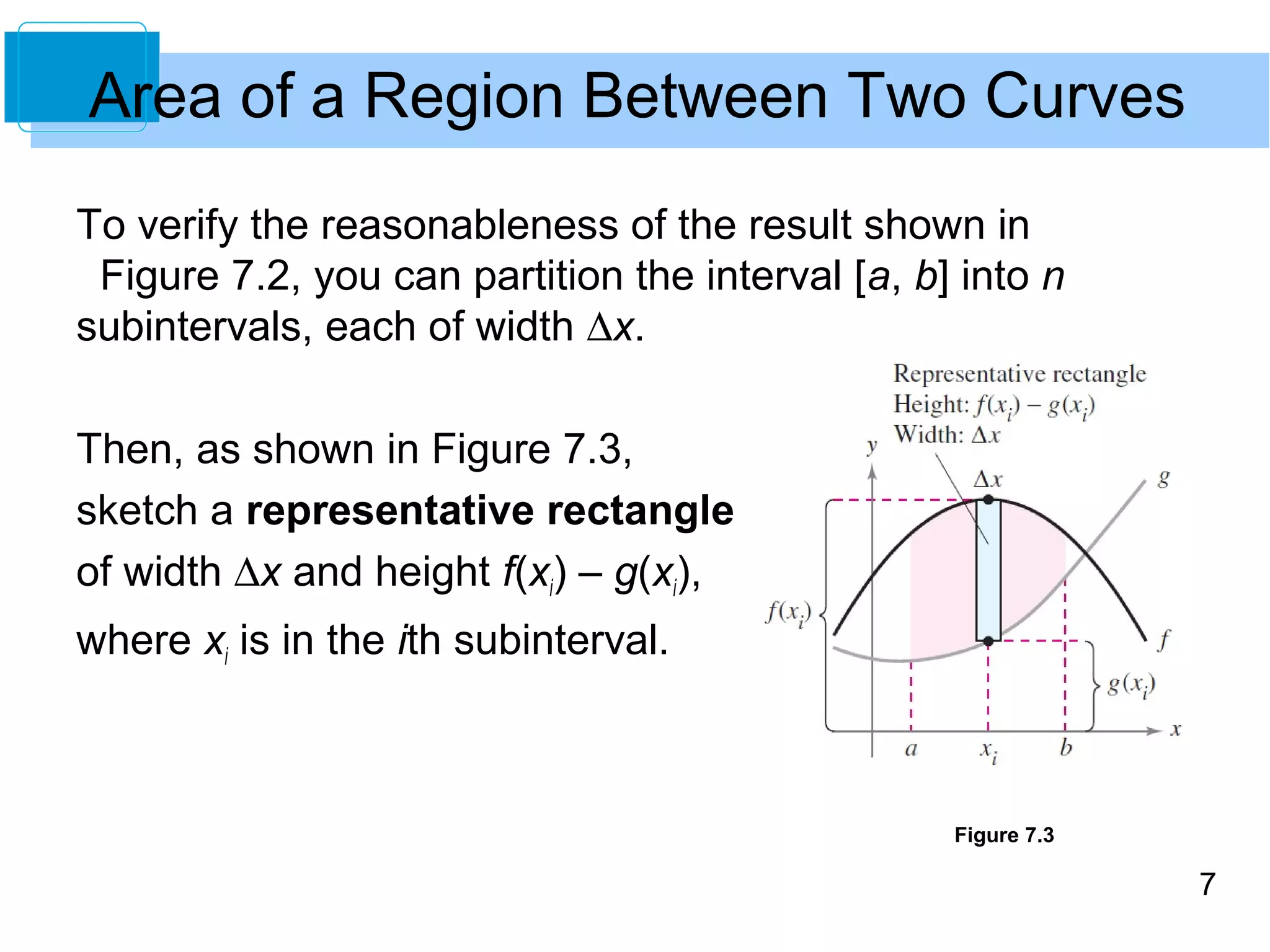 7 
Area of a Region Between Two Curves 
To verify the reasonableness of the result shown in 
Figure 7.2, you can partition the interval [a, b] into n 
subintervals, each of width Dx. 
Then, as shown in Figure 7.3, 
sketch a representative rectangle 
of width Dx and height f(xi) – g(xi), 
where xi is in the ith subinterval. 
Figure 7.3 
 