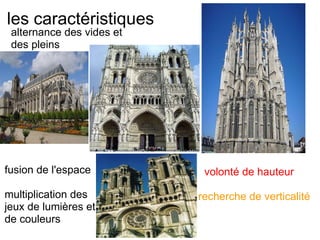 les caractéristiques volonté de hauteur recherche de verticalité ( Cathédrale Notre-Dame d'Amiens ) alternance des vides et des pleins ( Cathédrale Notre-Dame de Laon ) fusion de l'espace ( Cathédrale Saint-Étienne de Bourges ) multiplication des jeux de lumières et de couleurs             recherche de verticalité ( Cathédrale Notre-Dame d'Amiens ) alternance des vides et des pleins ( Cathédrale Notre-Dame de Laon ) fusion de l'espace ( Cathédrale Saint-Étienne de Bourges ) multiplication des jeux de lumières et de couleurs                       volonté de hauteur           recherche de verticalité              alternance des vides et des pleins fusion de l'espace   multiplication des  jeux de lumières et  de couleurs 