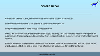 COMPARISON
Cholesterol, vitamin D, zink, selenium can be found in lard but not in coconut oil.
Lard contains more vitamin ...