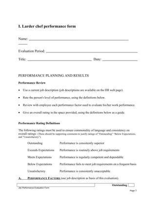 I. Larder chef performance form
Name:
Evaluation Period:
Title: Date:
PERFORMANCE PLANNING AND RESULTS
Performance Review
• Use a current job description (job descriptions are available on the HR web page).
• Rate the person's level of performance, using the definitions below.
• Review with employee each performance factor used to evaluate his/her work performance.
• Give an overall rating in the space provided, using the definitions below as a guide.
Performance Rating Definitions
The following ratings must be used to ensure commonality of language and consistency on
overall ratings: (There should be supporting comments to justify ratings of “Outstanding” “Below Expectations,
and “Unsatisfactory”)
Outstanding Performance is consistently superior
Exceeds Expectations Performance is routinely above job requirements
Meets Expectations Performance is regularly competent and dependable
Below Expectations Performance fails to meet job requirements on a frequent basis
Unsatisfactory Performance is consistently unacceptable
A. PERFORMANCE FACTORS (use job description as basis of this evaluation).
Outstanding
Job Performance Evaluation Form
Page 3
 