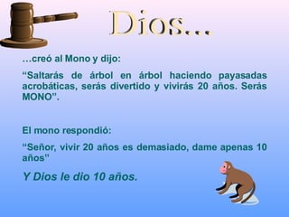 Dios... … creó al Mono y dijo: “ Saltarás de árbol en árbol haciendo payasadas acrobáticas, serás divertido y vivirás 20 años. Serás MONO”. El mono respondió:  “ Señor, vivir 20 años es demasiado, dame apenas 10 años” Y Dios le dio 10 años. 