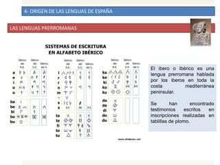 4- ORIGEN DE LAS LENGUAS DE ESPAÑA
LAS LENGUAS PRERROMANAS
El ibero o ibérico es una
lengua prerromana hablada
por los iberos en toda la
costa mediterránea
peninsular.
Se han encontrado
testimonios escritos en
inscripciones realizadas en
tablillas de plomo.
 
