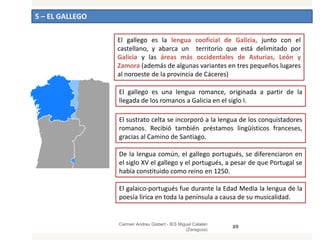 5 – EL GALLEGO
Carmen Andreu Gisbert - IES Miguel Catalán
(Zaragoza)
25
El gallego es la lengua cooficial de Galicia, junto con el
castellano, y abarca un territorio que está delimitado por
Galicia y las áreas más occidentales de Asturias, León y
Zamora (además de algunas variantes en tres pequeños lugares
al noroeste de la provincia de Cáceres)
El gallego es una lengua romance, originada a partir de la
llegada de los romanos a Galicia en el siglo I.
El sustrato celta se incorporó a la lengua de los conquistadores
romanos. Recibió también préstamos lingüísticos franceses,
gracias al Camino de Santiago.
De la lengua común, el gallego portugués, se diferenciaron en
el siglo XV el gallego y el portugués, a pesar de que Portugal se
había constituido como reino en 1250.
El galaico-portugués fue durante la Edad Media la lengua de la
poesía lírica en toda la península a causa de su musicalidad.
 