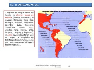 8.2 EL CASTELLANO ACTUAL
Carmen Andreu Gisbert - IES Miguel Catalán
(Zaragoza)
46
El español es lengua oficial en
España, en diversos países de
América (México, Guatemala, El
Salvador, Honduras, Costa Rica,
Nicaragua, Panamá, Venezuela,
Colombia, Cuba, República
Dominicana, Puerto Rico,
Ecuador, Perú, Bolivia, Chile,
Paraguay, Uruguay y Argentina),
en África (Guinea Ecuatorial) y en
los campos de refugiados de
distintas partes del mundo, en los
que cuenta con entre 150.000 y
200.000 hablantes.
 
