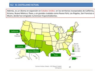 8.2 EL CASTELLANO ACTUAL
Carmen Andreu Gisbert - IES Miguel Catalán
(Zaragoza)
47
Además, es un idioma en expansión en Estados Unidos: en los territorios incorporados de California,
Arizona, Nuevo México y Texas, y en grandes ciudades como Nueva York, Los Ángeles, San Francisco o
Miami, donde han emigrado numerosos hispanohablantes.
California
Nuevo México
Arizona
Texas
Los
Ángeles
San
Francisco
Miami
Nueva York
 