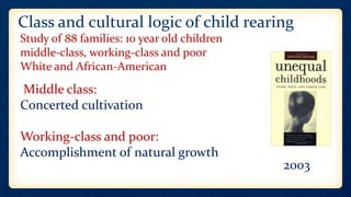 Class and cultural logic of child rearing
Study of 88 families: 10 year old children
middle-class, working-class and poor
White and African-American
Middle class:
Concerted cultivation
Working-class and poor:
Accomplishment of natural growth
2003
 