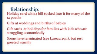 Relationship:
• Holiday card with a bill tucked into it for many of the
12 youths
• Gifts at weddings and births of babies
• Gift cards at holidays for families with kids who are
struggling economically
• Some have terminated (see Lareau 2011), but rest
greeted warmly
• 2nd edition) but, if not, greeted warmly
 