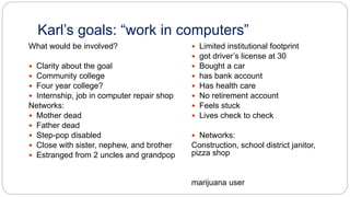 Karl’s goals: “work in computers”
What would be involved?
 Clarity about the goal
 Community college
 Four year college?
 Internship, job in computer repair shop
Networks:
 Mother dead
 Father dead
 Step-pop disabled
 Close with sister, nephew, and brother
 Estranged from 2 uncles and grandpop
 Limited institutional footprint
 got driver’s license at 30
 Bought a car
 has bank account
 Has health care
 No retirement account
 Feels stuck
 Lives check to check
 Networks:
Construction, school district janitor,
pizza shop
marijuana user
 