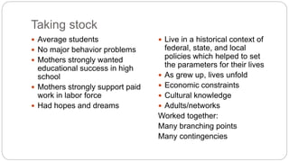 Taking stock
 Average students
 No major behavior problems
 Mothers strongly wanted
educational success in high
school
 Mothers strongly support paid
work in labor force
 Had hopes and dreams
 Live in a historical context of
federal, state, and local
policies which helped to set
the parameters for their lives
 As grew up, lives unfold
 Economic constraints
 Cultural knowledge
 Adults/networks
Worked together:
Many branching points
Many contingencies
 