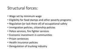 Structural forces:
• Wage set by minimum wage
• Eligibility for food stamps and other poverty programs
• Regulation (or lack there of) of occupational safety
• Immigration policies, citizenship policies
• Police services, fire fighter services
• Economic investment in communities
• Prison sentences
• Health insurance policies
• Deregulation of trucking industry
 