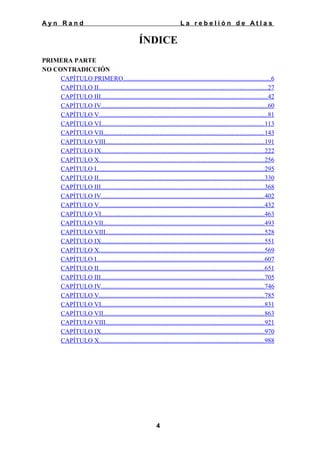 Ayn Rand

La rebelión de Atlas

ÍNDICE
PRIMERA PARTE
NO CONTRADICCIÓN
CAPÍTULO PRIMERO...........................................................................................6
CAPÍTULO II........................................................................................................27
CAPÍTULO III.......................................................................................................42
CAPÍTULO IV.......................................................................................................60
CAPÍTULO V........................................................................................................81
CAPÍTULO VI.....................................................................................................113
CAPÍTULO VII...................................................................................................143
CAPÍTULO VIII..................................................................................................191
CAPÍTULO IX.....................................................................................................222
CAPÍTULO X......................................................................................................256
CAPÍTULO I........................................................................................................295
CAPÍTULO II......................................................................................................330
CAPÍTULO III.....................................................................................................368
CAPÍTULO IV.....................................................................................................402
CAPÍTULO V......................................................................................................432
CAPÍTULO VI.....................................................................................................463
CAPÍTULO VII...................................................................................................493
CAPÍTULO VIII..................................................................................................528
CAPÍTULO IX.....................................................................................................551
CAPÍTULO X......................................................................................................569
CAPÍTULO I........................................................................................................607
CAPÍTULO II......................................................................................................651
CAPÍTULO III.....................................................................................................705
CAPÍTULO IV.....................................................................................................746
CAPÍTULO V......................................................................................................785
CAPÍTULO VI.....................................................................................................831
CAPÍTULO VII...................................................................................................863
CAPÍTULO VIII..................................................................................................921
CAPÍTULO IX.....................................................................................................970
CAPÍTULO X......................................................................................................988

4

 
