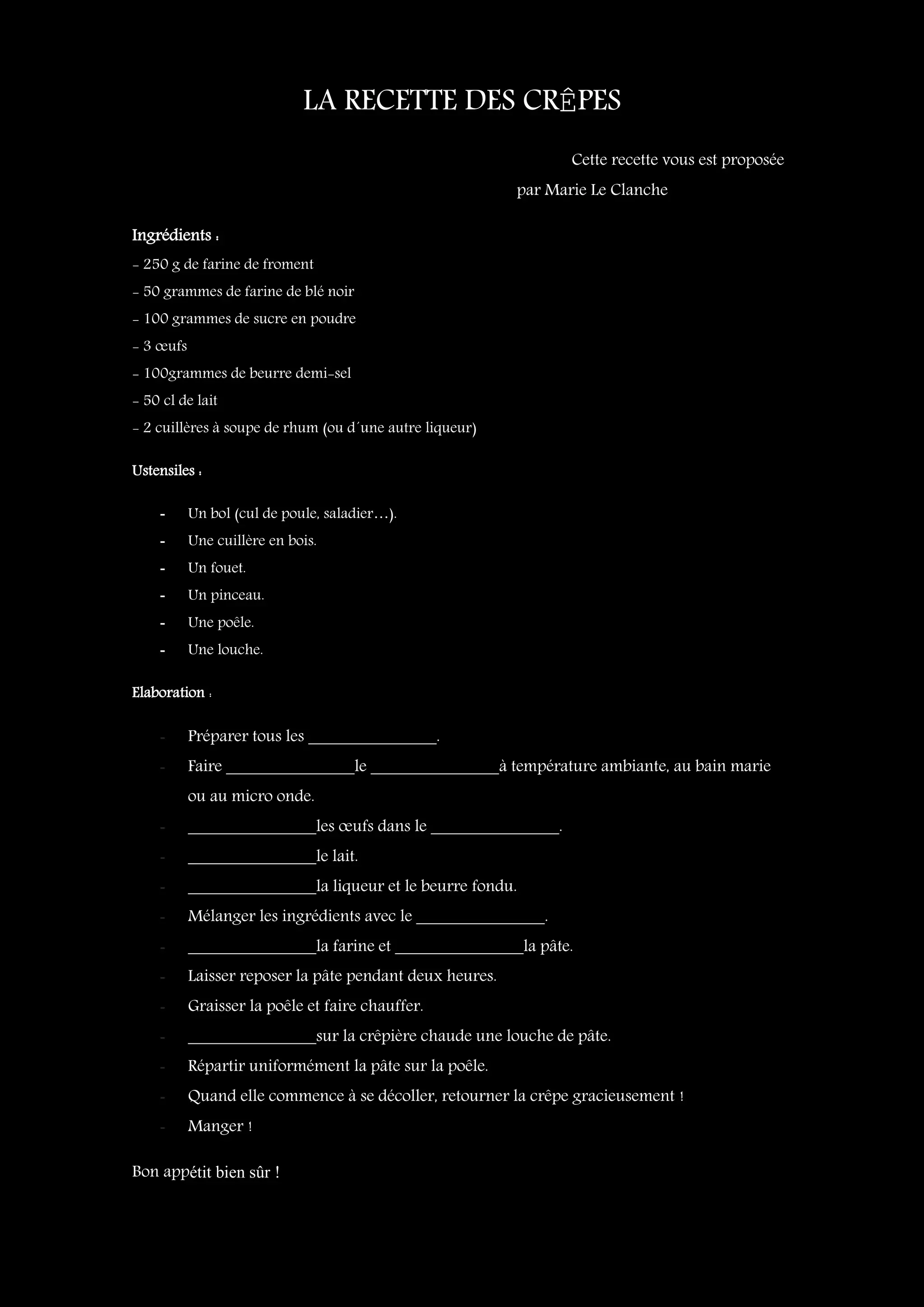 La Recette Des CrêPes Eleves A Completer Avec Fiches | PDF