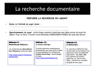 La recherche documentaire
                            PREPARER LA RECHERCHE EN AMONT

•   Noter ici l’intitulé du sujet choisi :
    ……………………………………………………………………………………………………………………………
    ……………………………………………………………………………………………………………………………
•   Questionnement du sujet : cette étape consiste à mobiliser ses idées autour du sujet de
    départ. Pour ce faire, il existe trois méthodes COMPLEMENTAIRES les unes des autres.



                                                   :
                                       Le remue méninge :

    Je recherche par descripteurs      Je puise dans mes connaissances         Je cherche la définition des
    d’un thésaurus :motbis en ligne.   personnelles, par association d’idées   termes dans un dictionnaire (ou
                                       et éventuellement en utilisant un       plusieurs), noter les éléments
    http://www.cndp.fr/thesaurus-      schéma heuristique: wkimindmapp         importants : les mots clés.
    motbis/site/                       en ligne.                               Puis j’élimine les termes
                                       http://www.wikimindmap.org/             superflus. Je clarifie mes
                                                                               idées : j’élimine les concepts
                                                                               éloignés de mon sujet.
 