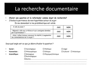 La recherche documentaire
•   Choisir une question et la reformuler comme objet de recherche?
•   J’évalue la pertinence de mon hypothèse autour du sujet
           En me demandant si ma problématique est valide
       - A-elle du sens ?                                         □OUI   □NON

       - Répond-t-elle aux critères et aux consignes données
                                                                  □OUI   □NON
       par le professeur ?
       - Aide-t-elles à mieux concevoir la réalité, à augmenter
                                                                  □OUI   □NON
       les connaissances sur le sujet ?



Sous quel angle est-ce que je désire étudier la question ?

•   Social :             Sociologique     Politique          Légal
•   Humaniste :          Philosophique    Ethique            Culturel  Historique
•   Scientifique :       Biologique       Physique/chimique
                        Technologique
                        Autres……………………………………………………………………………………………………………………………………………
                        ………………………………………………………………………………………………………………………………………………………….
                        ………………………………………………………………………………………………………………………………………………………….
 