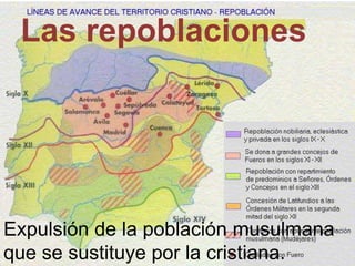 Las repoblaciones
Expulsión de la población musulmana
que se sustituye por la cristiana.
 