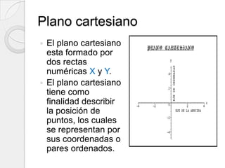 Plano cartesianoEl plano cartesiano esta formado por dos rectas numéricas X y Y.El plano cartesiano tiene como finalidad describir la posición de puntos, los cuales se representan por sus coordenadas o pares ordenados.