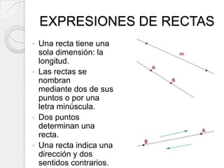 EXPRESIONES DE RECTASUna recta tiene una sola dimensión: la longitud.Las rectas se nombran mediante dos de sus puntos o por una letra minúscula.Dos puntos determinan una recta.Una recta indica una dirección y dos sentidos contrarios.