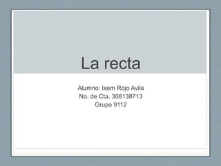 La recta
Alumno: Ixem Rojo Avila
No. de Cta. 308138713
Grupo 9112
 