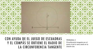 CON AYUDA DE EL JUEGO DE ESCUADRAS
Y EL COMPÁS SE OBTIENE EL RADIO DE
LA CIRCUNFERENCIA TANGENTE
PROBLEMA 5
Circunferencia tangente por el
punto A de la recta dada en la
solución dos
 