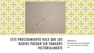 ESTE PROCEDIMIENTO HACE QUE LOS
RADIOS PUEDAN SER SUMADOS
VECTORIALMENTE
PROBLEMA 6
Circunferencia externa tangente
a la recta dada en la solución
uno
 