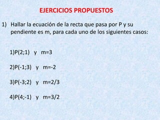 1) Hallar la ecuación de la recta que pasa por P y su
pendiente es m, para cada uno de los siguientes casos:
1)P(2;1) y m=...