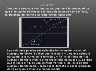 AsíntotA,
línea recta asociada con una curva, que tiene la propiedad de
que si un punto se mueve a lo largo de la curva hacia infinito,
la distancia del punto a la recta tiende hacia cero.
Las asíntotas pueden ser definidas formalmente usando el
concepto de límite. Se dice que la recta y = L es una asíntota
horizontal a la curva de la función y = f(x) si el límite de f(x)
cuando x tiende a infinito o menos infinito es igual a L. Se dice
que la recta x = L es una asíntota vertical si el límite de f(x)
cuando x tiende hacia L (sea por la derecha o por la izquierda
de L) es igual a infinito o menos infinito
 