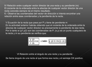IV Relación entre cualquier vector director de una recta y su pendiente (m)
El cociente de la ordenada entre la abscisa de cualquier vector director de una
recta concreta siempre da el mismo resultado.
6.- Observa las coordenadas del vector de dirección e intenta encontrar una
relación entre esas coordenadas y la pendiente de la recta.
V Ecuación de la recta que pasa por P y tiene de pendiente m
En la actividad anterior habrás obtenido que el cociente de la ordenada entre la
abscisa de cualquier vector director es precisamente la pendiente de esa recta.
Por lo tanto si (p1,p2) son las coordenadas de P, (x,y) es un punto cualquiera de
la recta y m su pendiente se verifica que:
VI Relación entre el ángulo de una recta y su pendiente
Se llama ángulo de una recta al que forma esa recta y el semieje OX positivo.
 