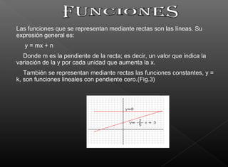 Las funciones que se representan mediante rectas son las líneas. Su
expresión general es:
y = mx + n
Donde m es la pendiente de la recta; es decir, un valor que indica la
variación de la y por cada unidad que aumenta la x.
También se representan mediante rectas las funciones constantes, y =
k, son funciones lineales con pendiente cero.(Fig.3)
 