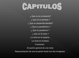 ¿ Que es la correlación?
¿ Que es la asíntota ?
¿ Que es perpendicularidad?
¿ Que es paralelismo ?
¿ Que es pendiente ?
¿ Que es la recta ?
La recta en el espacio.
La recta en el plano.
Funciones.
Ecuación general de una recta
Representación de una ecuación lineal con dos incógnitas.
 