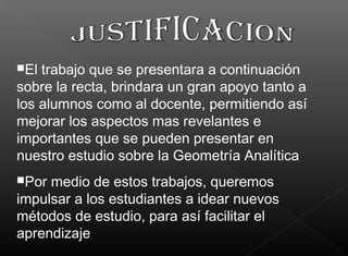 El trabajo que se presentara a continuación
sobre la recta, brindara un gran apoyo tanto a
los alumnos como al docente, permitiendo así
mejorar los aspectos mas revelantes e
importantes que se pueden presentar en
nuestro estudio sobre la Geometría Analítica
Por medio de estos trabajos, queremos
impulsar a los estudiantes a idear nuevos
métodos de estudio, para así facilitar el
aprendizaje
 
