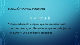 ECUACIÓN PUNTO-PENDIENTE
𝑦 = 𝑚𝑥 + 𝑏
•El procedimiento es igual que la ecuación dada
por dos puntos, la diferencia es que se trabaja con
un punto y una pendiente conocidos
 