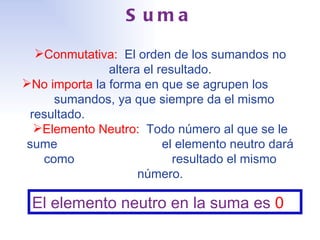 Suma Conmutativa:   El orden de los sumandos no altera el resultado. No importa  la forma en que se agrupen los  sumandos, ya que siempre da el mismo  resultado. Elemento Neutro:   Todo número al que se le sume    el elemento neutro dará como  resultado el mismo número. El elemento neutro en la suma es  0 