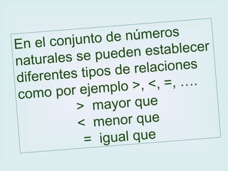 En el conjunto de números naturales se pueden establecer diferentes tipos de relaciones como por ejemplo >, <, =, ….  >  mayor que <  menor que =  igual que 