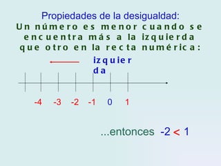Propiedades de la desigualdad: Un número es menor cuando se encuentra más a la izquierda que otro en la recta numérica: 0 -1 -2 -3 -4 izquierda ...entonces   -2     1 1 