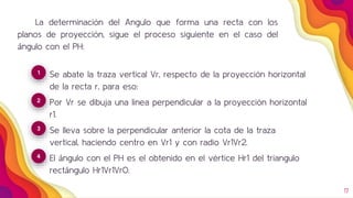La determinación del Angulo que forma una recta con los
planos de proyección, sigue el proceso siguiente en el caso del
ángulo con el PH:
17
Se abate la traza vertical Vr, respecto de la proyección horizontal
de la recta r, para eso:
1
Por Vr se dibuja una línea perpendicular a la proyección horizontal
r1.
2
Se lleva sobre la perpendicular anterior la cota de la traza
vertical, haciendo centro en Vr1 y con radio Vr1Vr2.
3
El ángulo con el PH es el obtenido en el vértice Hr1 del triangulo
rectángulo Hr1Vr1Vr0.
4
 