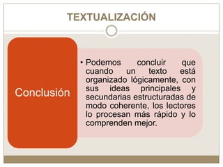 TEXTUALIZACIÓN



             • Podemos      concluir   que
               cuando    un    texto   está
               organizado lógicamente, con
               sus ideas principales y
Conclusión     secundarias estructuradas de
               modo coherente, los lectores
               lo procesan más rápido y lo
               comprenden mejor.
 