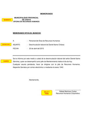 MEMORANDO
MUNICIPALIDAD PROVINCIAL
DE CHOTA
OFICINA DE RECURSOS HUMANOS
MEMORANDO Nº018-05- MUNICHO
A : Personal del Área de Recursos Humanos
ASUNTO : Desvinculación laboral de Daniel Ibarra Chávez
FECHA : 30 de abril del 2015
Se le informa por este medio a usted de la desvinculación laboral del señor Daniel Ibarra
Sánchez, quien se desempeñó como jefe de Mantenimiento hasta el día de hoy.
Cualquier asunto pendiente, favor de dirigirse con la jefa de Recursos Humanos,
Alejandra Serratos por correo electrónico o mediante el anexo 1042.
Atentamente,
Rafael Martínez Cortez
Recursos Humanos Corporativo
MEMBRETE
SELLO Y
FIRMA
CUERPO
DESTINATARIO
 