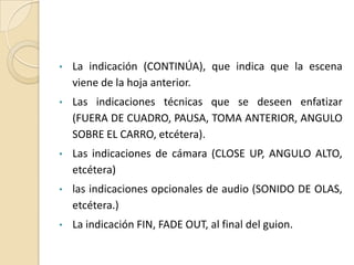 La indicación (CONTINÚA), que indica que la escena viene de la hoja anterior.