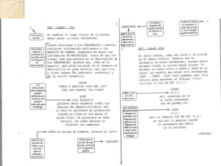 La indicación FIN, FADE OUT, al final del guion.21. Se subrayan:El título de la película (solo en la primera hoja) Los encabezados de cada escena (INTERIOR/EXTERIOR/LUGAR-DIA/NOCHE).22. Se escribe entre paréntesis:Las indicaciones de cómo deben decirse los diálogos (acotaciones de dirección).La indicación (CONTINUA), que indica que la escena continúa de la hoja anterior.