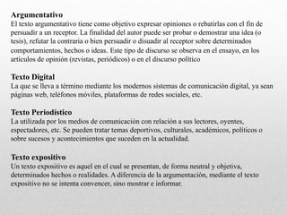 Argumentativo
El texto argumentativo tiene como objetivo expresar opiniones o rebatirlas con el fin de
persuadir a un receptor. La finalidad del autor puede ser probar o demostrar una idea (o
tesis), refutar la contraria o bien persuadir o disuadir al receptor sobre determinados
comportamientos, hechos o ideas. Este tipo de discurso se observa en el ensayo, en los
artículos de opinión (revistas, periódicos) o en el discurso político
Texto Digital
La que se lleva a término mediante los modernos sistemas de comunicación digital, ya sean
páginas web, teléfonos móviles, plataformas de redes sociales, etc.
Texto Periodístico
La utilizada por los medios de comunicación con relación a sus lectores, oyentes,
espectadores, etc. Se pueden tratar temas deportivos, culturales, académicos, políticos o
sobre sucesos y acontecimientos que suceden en la actualidad.
Texto expositivo
Un texto expositivo es aquel en el cual se presentan, de forma neutral y objetiva,
determinados hechos o realidades. A diferencia de la argumentación, mediante el texto
expositivo no se intenta convencer, sino mostrar e informar.
 