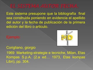 Este sistema presupone que la bibliografía final
sea construida poniendo en evidencia el apellido
del autor y la fecha de publicación de la primera
edición del libro o articulo.

Ejemplo:

Corigliano, giorgio
1969 Marketing-strategie e tecniche, Milan, Etas
Kompas S.p.A. (2.a ed… 1973, Etas kompas
Libri), pp. 304.
 