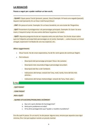 LA REDACCIÓ
Passos a seguir per a poder realitzar un bon escrit.


. QUAN?: Quan passa l’acció (present, passat, futur) Exemple: Hi havia una vegada (passat);
Aquest matí (present); En un futur molt llunyà (futur)

. ON?: On passa el conte. Exemple: En un bosc tenebrós; en una ciutat de l’Argentina.

. QUI? Presentem el protagonista i els personatges principals. Exemple: En Joan i la seva
mare; L’esquirol Jump i els seus amics del bosc la guineu i el ratolí…

. QUÈ?: Aquesta pregunta ha de ser resposta amb una sola frase. Ens ha de situar sobre
quin és l’objectiu principal dels personatges en el conte. Exemple: ….volien buscar un tresor
amagat; esperaven l’arribada de una nau especial, etc..


Altres suggeriments:

         Situa l’acció. Ha de crear expectativa, ha de fer venir ganes de continuar llegint.

         Pot incloure:

             -   Descripció del personatge principal: física i de caràcter.

             -   Descripció més resumida d’algun personatge secundari.

             -   Descripció del lloc o de l’ambient.

             -   Indicacions del temps: estació de l’any, matí, tarda, hora del dia més
                 precisa...

             -   Indicacions del temps meteorològic: estació de l’any, fred, calor...

3. Nus:

. QUÈ PASSA?

. COM PASSA?

.PER A QUÈ?

. QUINES SITUACIONS/PROBLEMES OCÒRREN?

             a. Que vol o quins desitjos té el protagonista?
             b. Amb quins problemes es troba?
             c. Hi ha altres protagonistes que l’ajuden a resoldre el problema?


Ens diu què hi passa. En un escrit, ha de passar alguna cosa, encara que aquesta cosa sigui
mínima; fins i tot pot explicar només un procés mental.


                                                 4
 